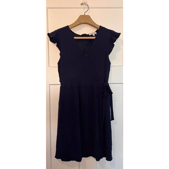 Gilli Womens Faux Wrap Dress‎ Blue Tie Waist Flutter Sleeve Party Cocktail M - Picture 1 of 9